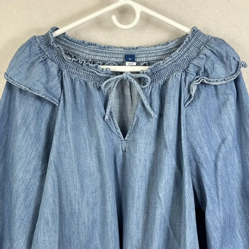 Old Navy Puff-Sleeve Blouse Women's XL Non-Stretch Chambray Ruffle-Trimmed Poet
